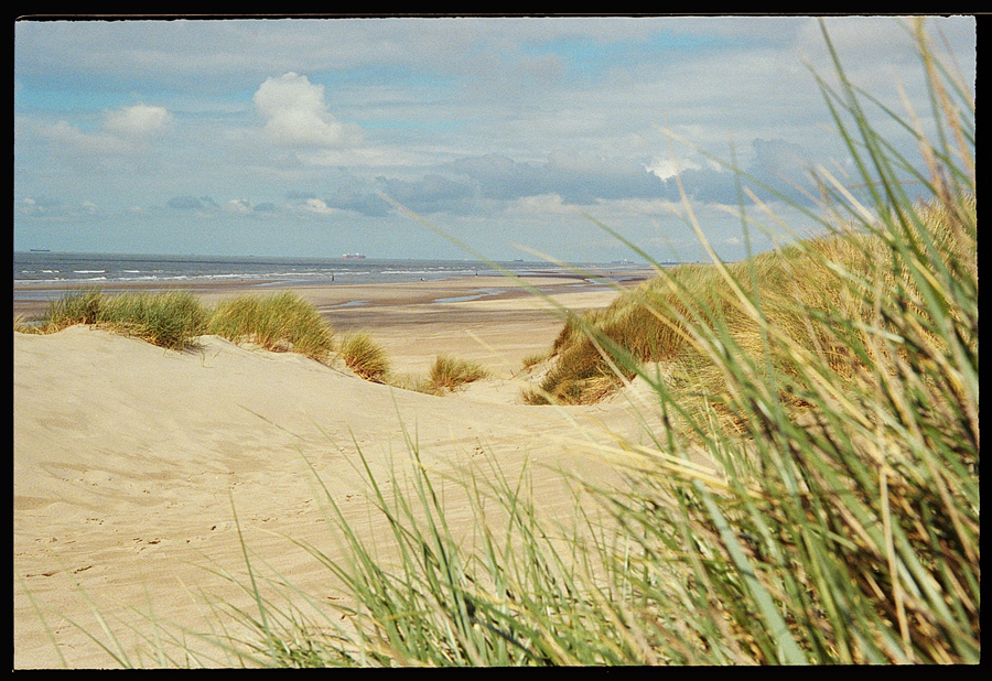 Vue sur la plage de De Haan, avec des dunes de sable et de l'herbe verte au premier plan, sous un ciel nuageux.