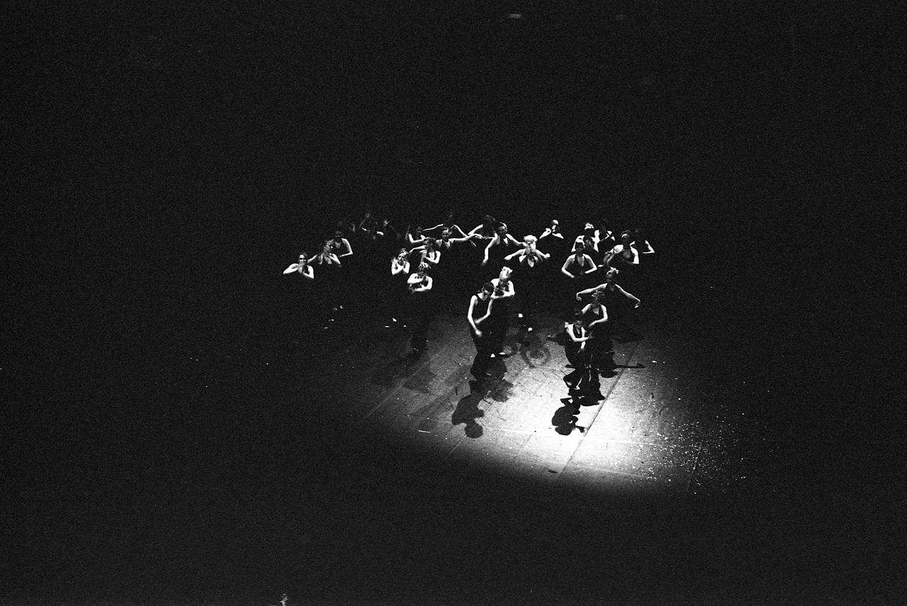Groupe de danseurs en noir sur une scène sombre, illuminés par un spot lumineux.