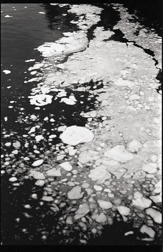 Vue aérienne de l'eau avec des bulles et des résidus à la surface, créant un effet de contraste en noir et blanc.