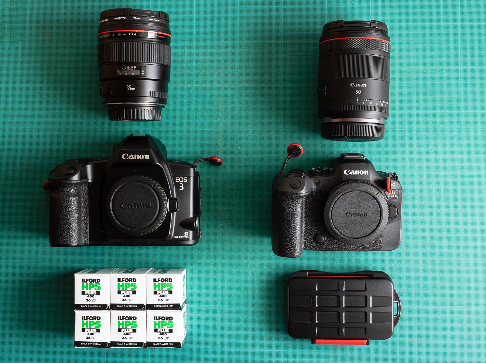 Mon équipement photo essentiel en reportage mariage composé d'un reflex argentique Canon EOS 3 et d'un hybride canon EOS R6 II.